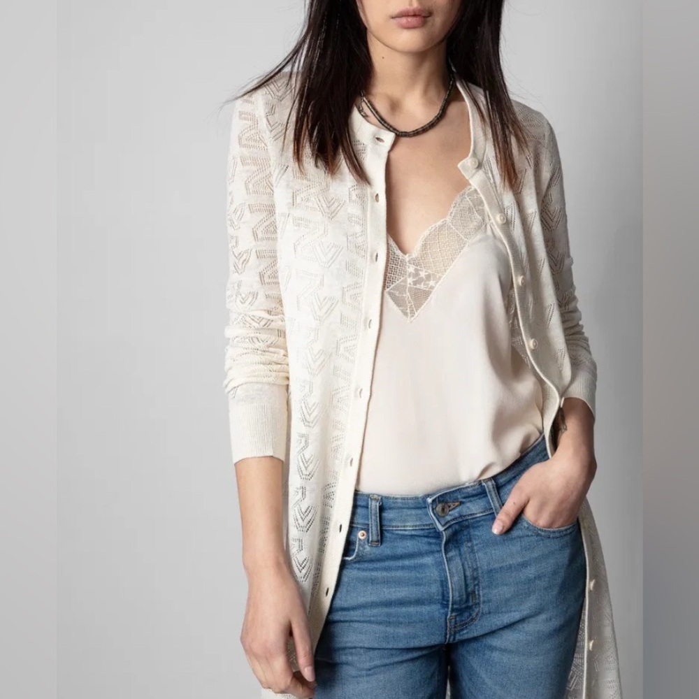 Zadig & Voltaire Monogram Knit Nila Open Front Long Sleeve Cardigan